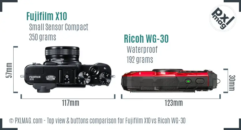 Fujifilm X10 vs Ricoh WG-30 top view buttons comparison