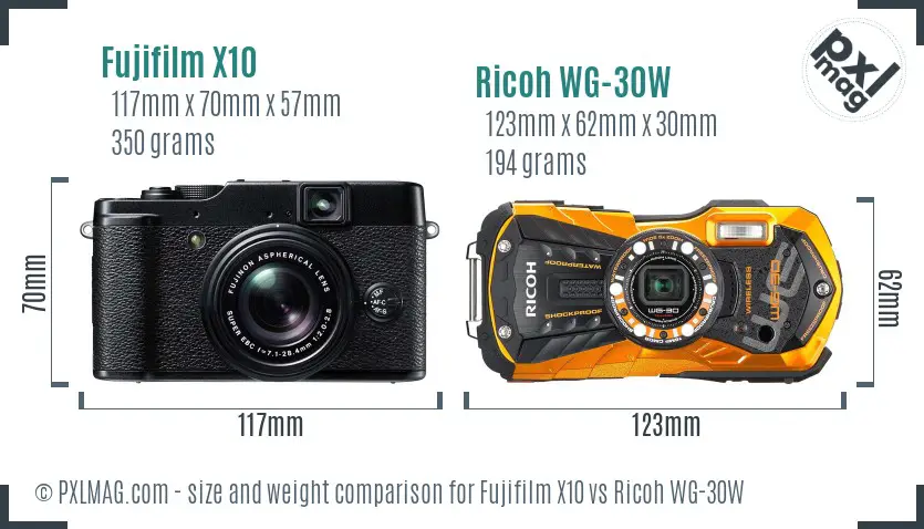 Fujifilm X10 vs Ricoh WG-30W size comparison