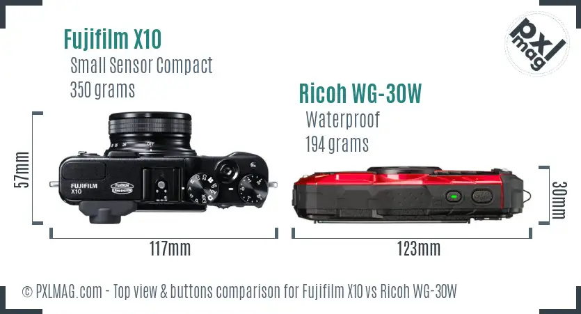 Fujifilm X10 vs Ricoh WG-30W top view buttons comparison
