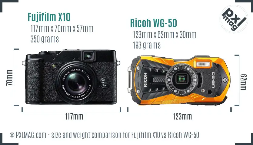 Fujifilm X10 vs Ricoh WG-50 size comparison