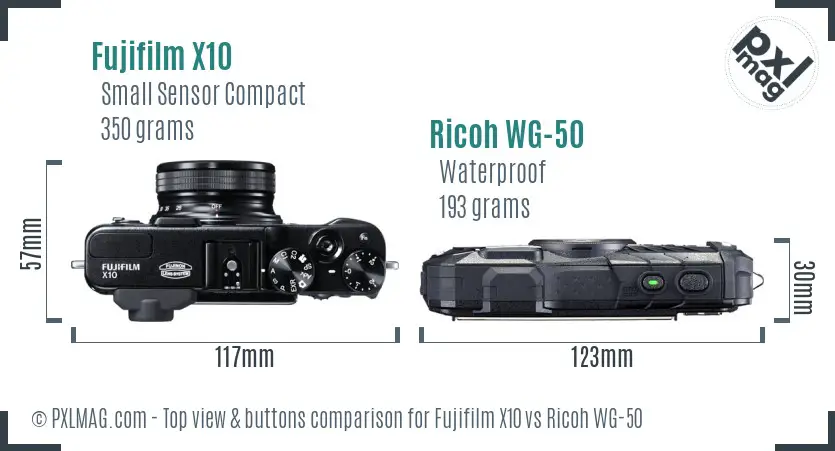 Fujifilm X10 vs Ricoh WG-50 top view buttons comparison
