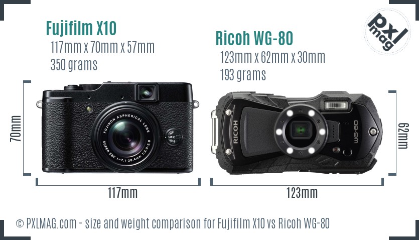 Fujifilm X10 vs Ricoh WG-80 size comparison