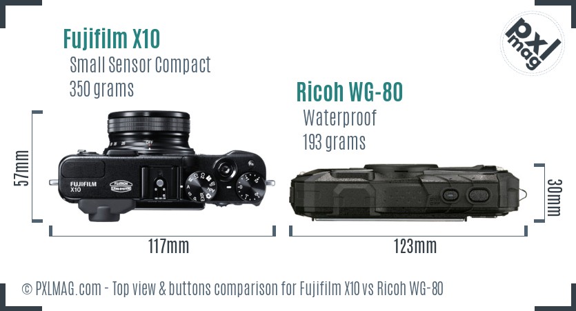 Fujifilm X10 vs Ricoh WG-80 top view buttons comparison