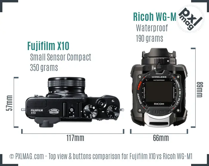 Fujifilm X10 vs Ricoh WG-M1 top view buttons comparison