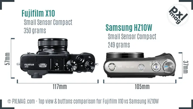 Fujifilm X10 vs Samsung HZ10W top view buttons comparison Fujifilm X10 vs Samsung HZ10W top view buttons comparison