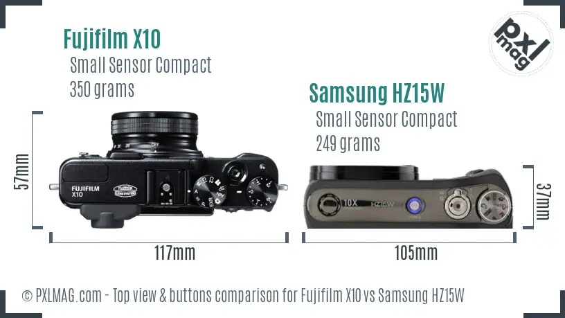 Fujifilm X10 vs Samsung HZ15W top view buttons comparison