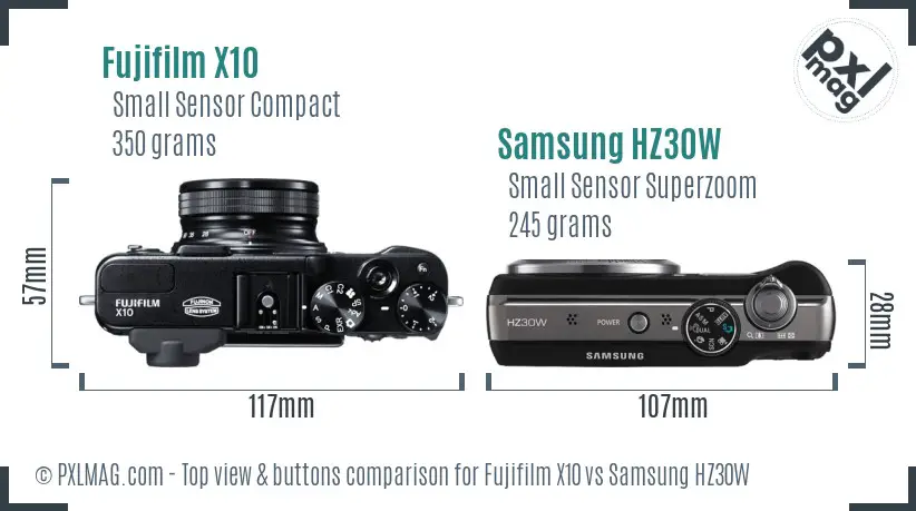 Fujifilm X10 vs Samsung HZ30W top view buttons comparison