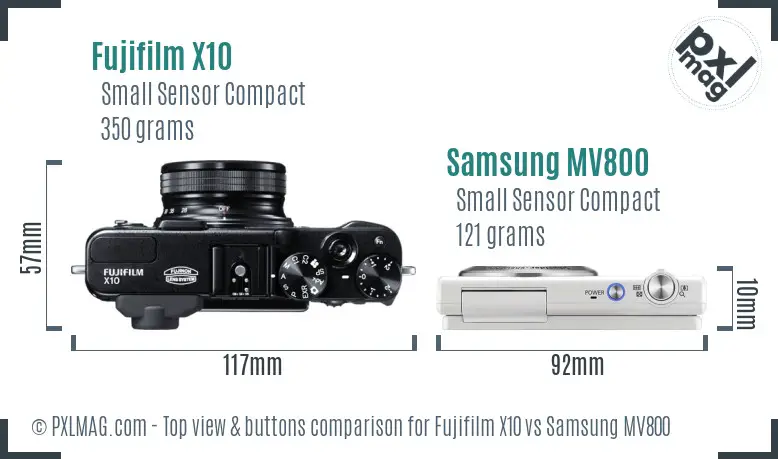 Fujifilm X10 vs Samsung MV800 top view buttons comparison Fujifilm X10 vs Samsung MV800 top view buttons comparison