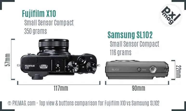 Fujifilm X10 vs Samsung SL102 top view buttons comparison