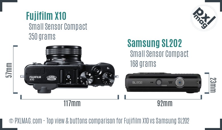Fujifilm X10 vs Samsung SL202 top view buttons comparison