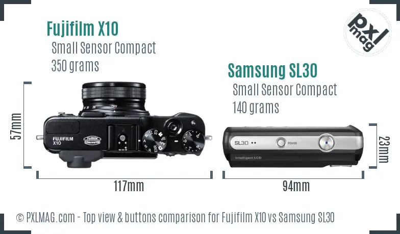 Fujifilm X10 vs Samsung SL30 top view buttons comparison Fujifilm X10 vs Samsung SL30 top view buttons comparison