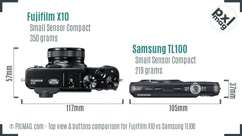 Fujifilm X10 vs Samsung TL100 top view buttons comparison Fujifilm X10 vs Samsung TL100 top view buttons comparison