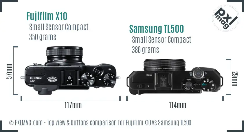 Fujifilm X10 vs Samsung TL500 top view buttons comparison