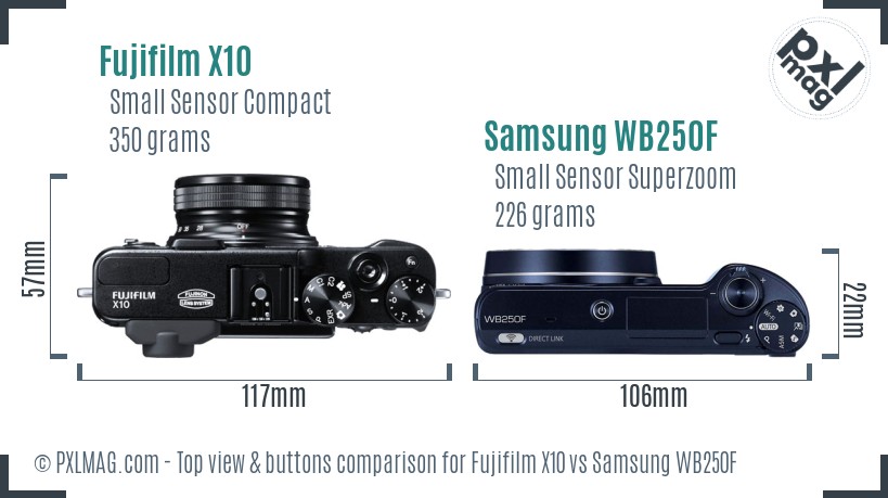 Fujifilm X10 vs Samsung WB250F top view buttons comparison