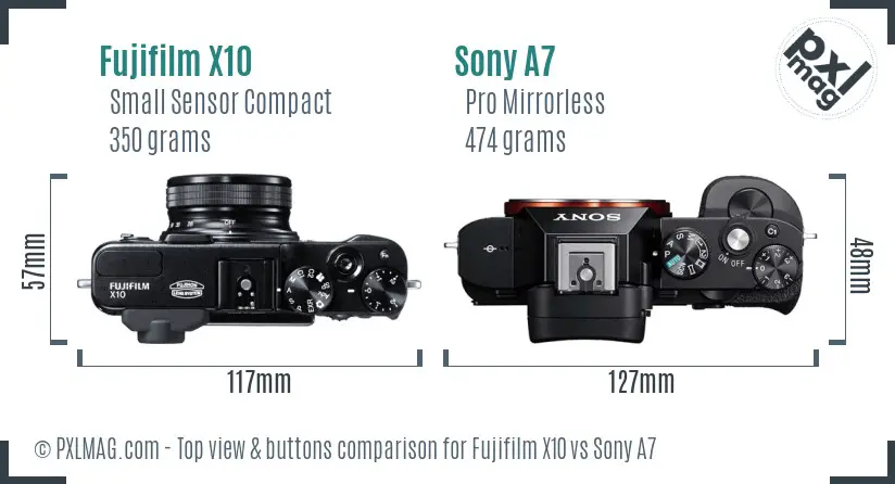 Fujifilm X10 vs Sony A7 top view buttons comparison Fujifilm X10 vs Sony A7 top view buttons comparison