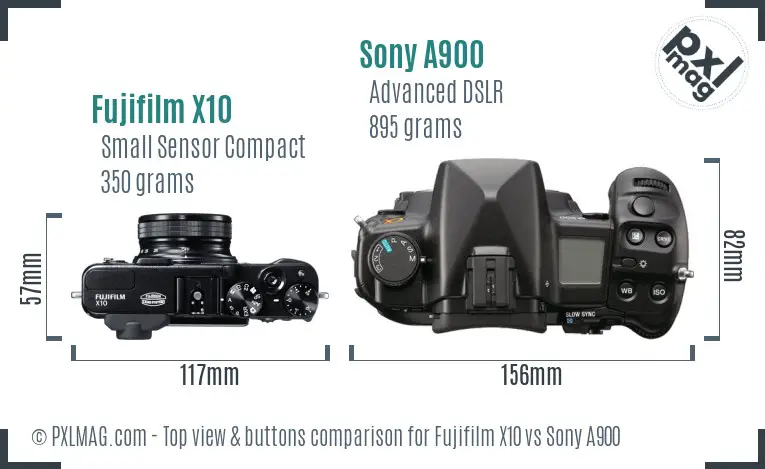 Fujifilm X10 vs Sony A900 top view buttons comparison Fujifilm X10 vs Sony A900 top view buttons comparison