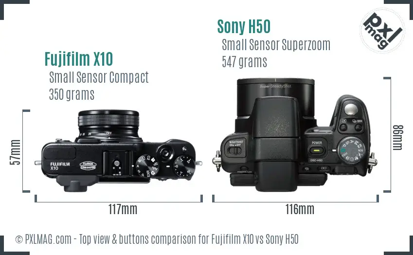 Fujifilm X10 vs Sony H50 top view buttons comparison Fujifilm X10 vs Sony H50 top view buttons comparison