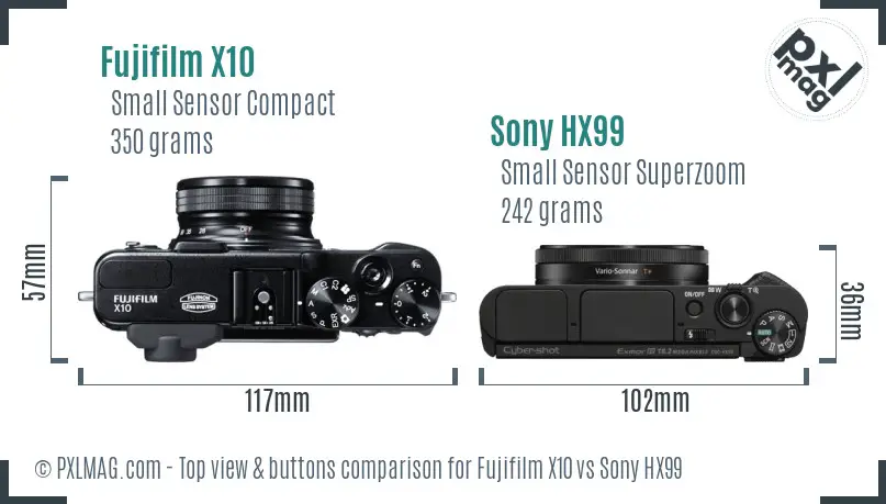 Fujifilm X10 vs Sony HX99 top view buttons comparison
