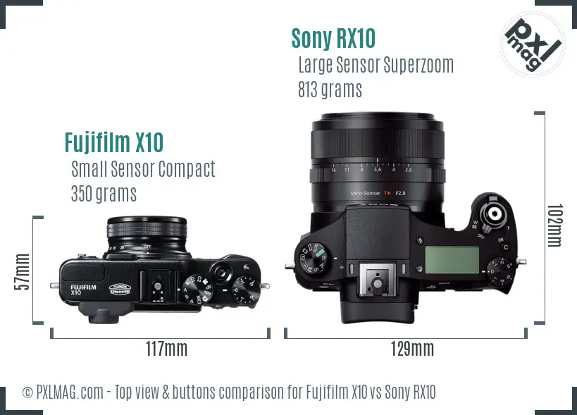 Fujifilm X10 vs Sony RX10 top view buttons comparison Fujifilm X10 vs Sony RX10 top view buttons comparison