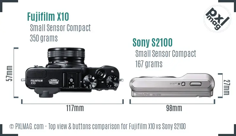 Fujifilm X10 vs Sony S2100 top view buttons comparison Fujifilm X10 vs Sony S2100 top view buttons comparison