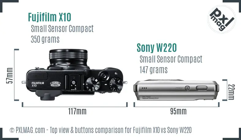 Fujifilm X10 vs Sony W220 top view buttons comparison