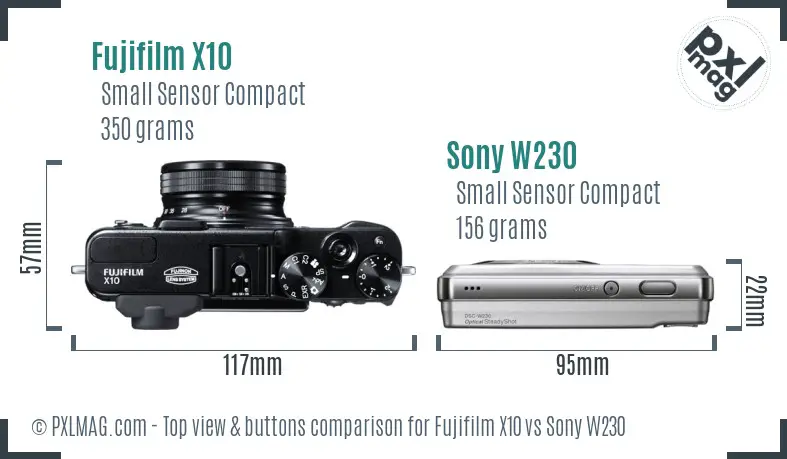 Fujifilm X10 vs Sony W230 top view buttons comparison Fujifilm X10 vs Sony W230 top view buttons comparison