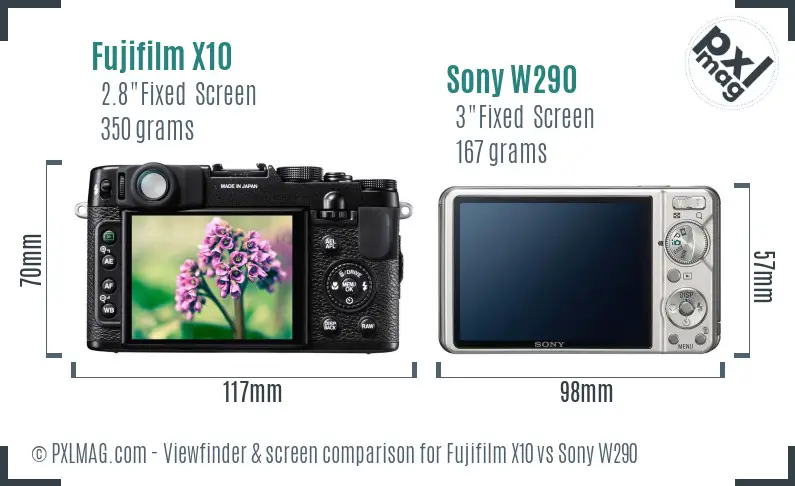 Fujifilm X10 vs Sony W290 Screen and Viewfinder comparison