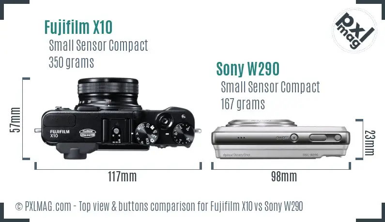 Fujifilm X10 vs Sony W290 top view buttons comparison