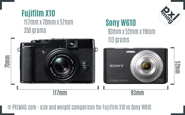 Fujifilm X10 vs Sony W610 size comparison