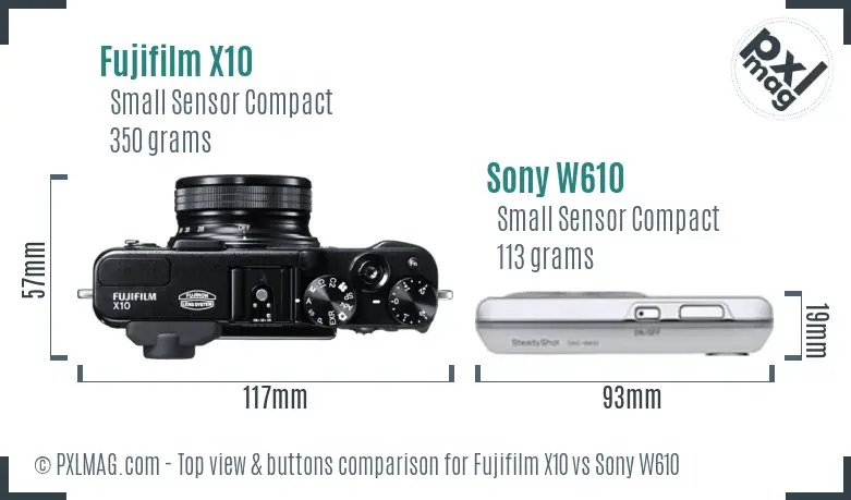 Fujifilm X10 vs Sony W610 top view buttons comparison