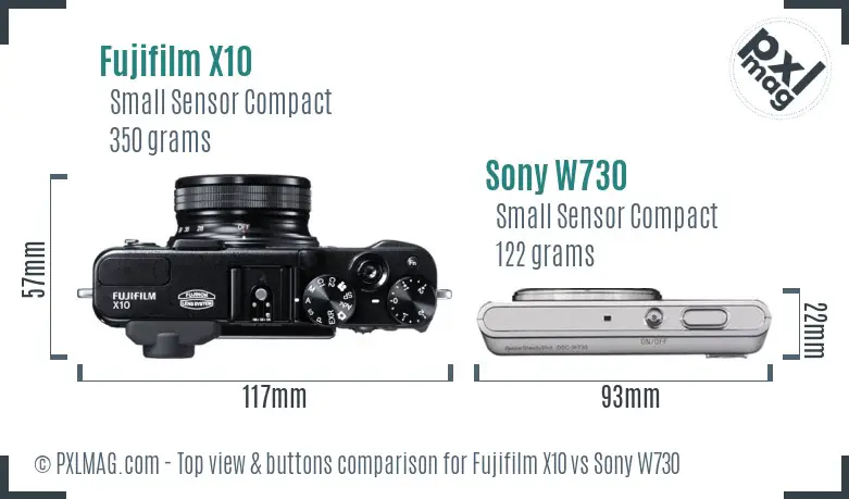 Fujifilm X10 vs Sony W730 top view buttons comparison Fujifilm X10 vs Sony W730 top view buttons comparison