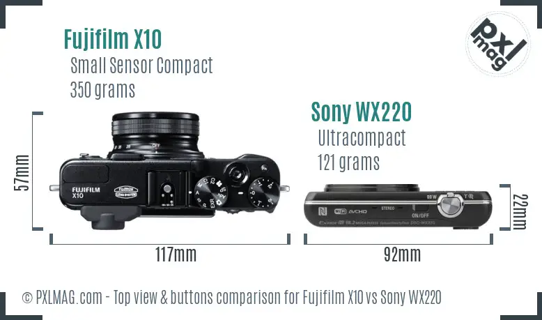 Fujifilm X10 vs Sony WX220 top view buttons comparison