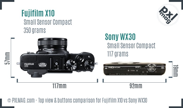 Fujifilm X10 vs Sony WX30 top view buttons comparison