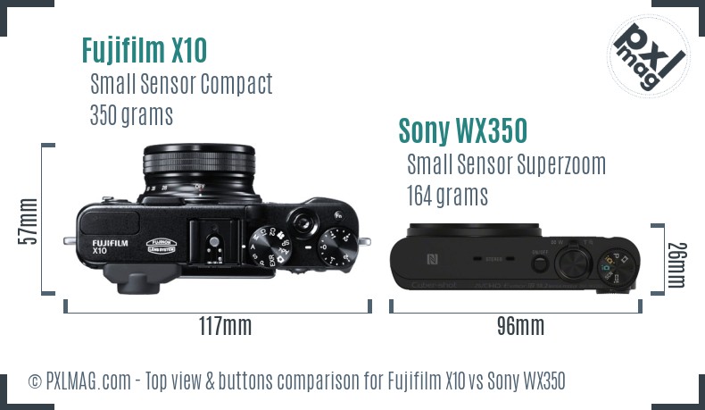 Fujifilm X10 vs Sony WX350 top view buttons comparison