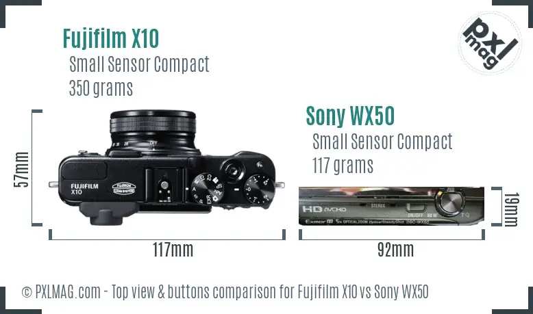Fujifilm X10 vs Sony WX50 top view buttons comparison