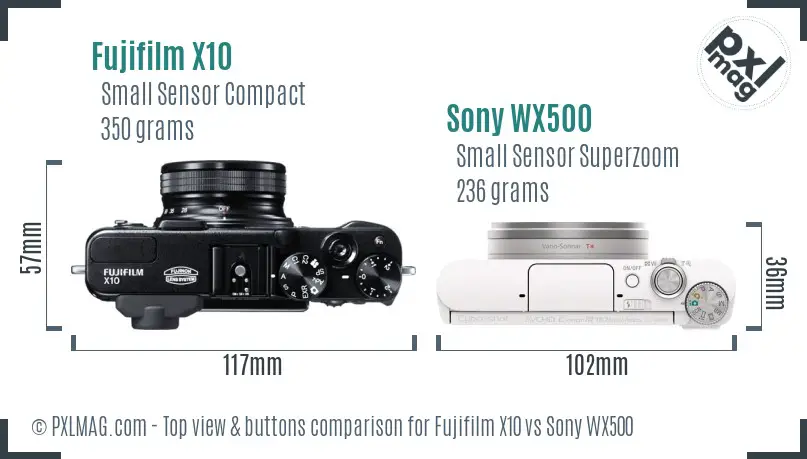 Fujifilm X10 vs Sony WX500 top view buttons comparison