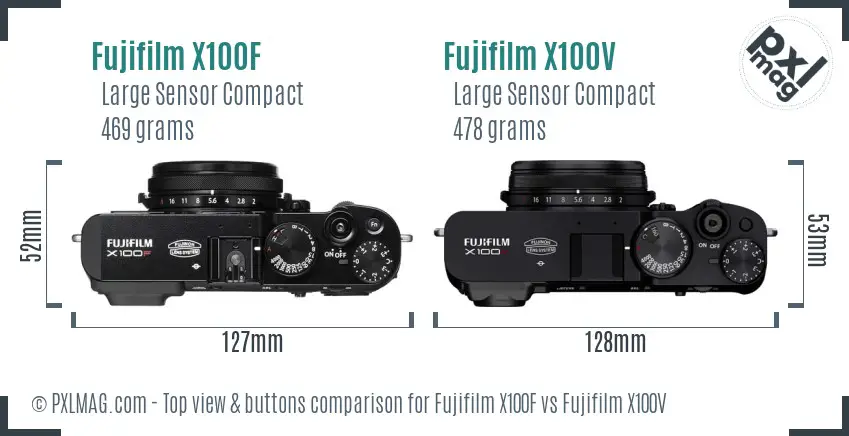 Fujifilm X100F vs Fujifilm X100V top view buttons comparison