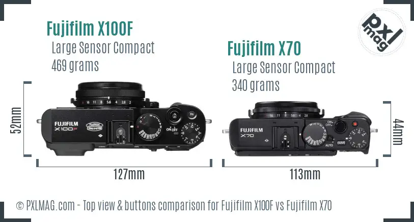 Fujifilm X100F vs Fujifilm X70 top view buttons comparison