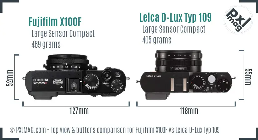 Fujifilm X100F vs Leica D-Lux Typ 109 top view buttons comparison