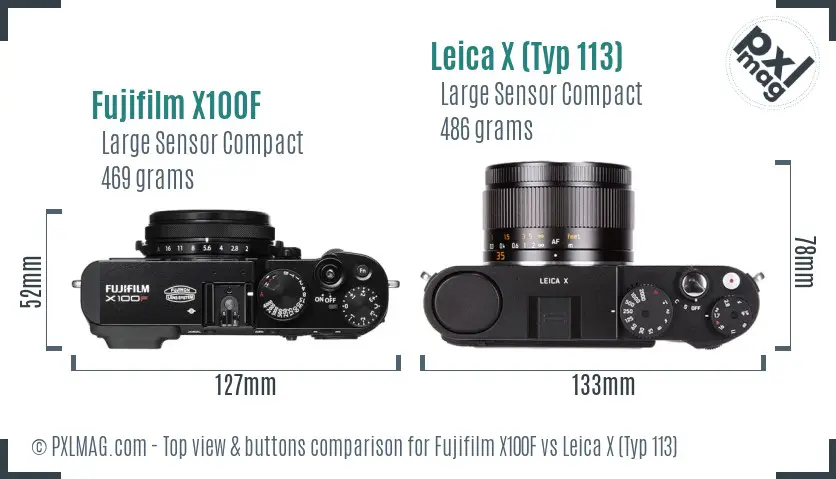 Fujifilm X100F vs Leica X (Typ 113) top view buttons comparison