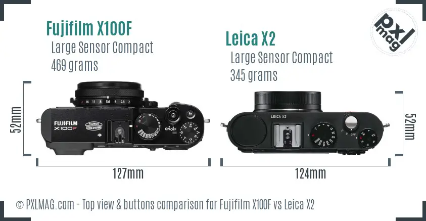 Fujifilm X100F vs Leica X2 top view buttons comparison