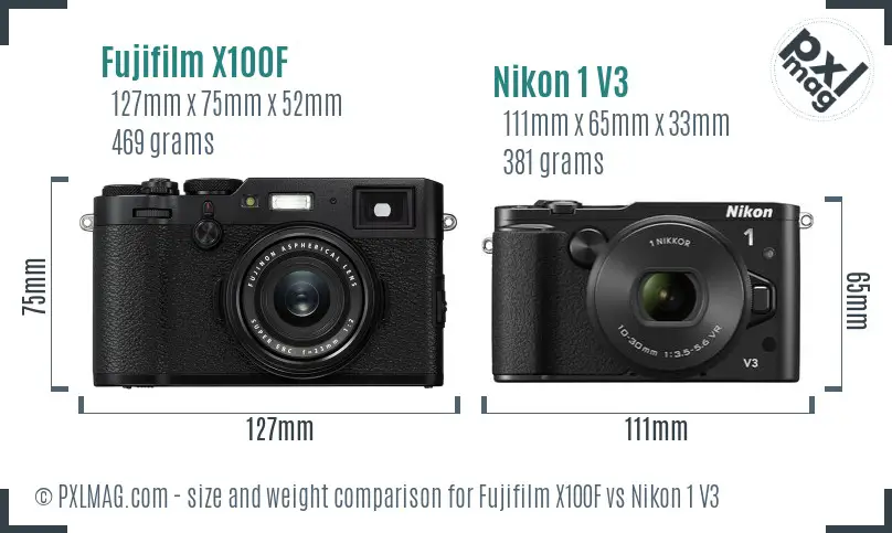 Fujifilm X100F vs Nikon 1 V3 size comparison