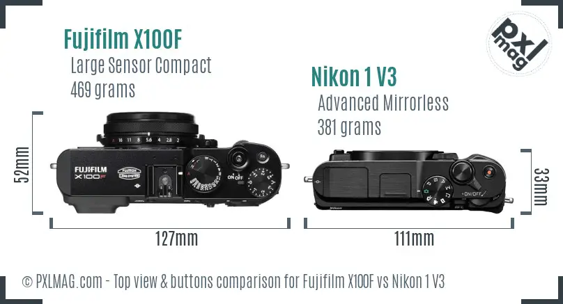Fujifilm X100F vs Nikon 1 V3 top view buttons comparison