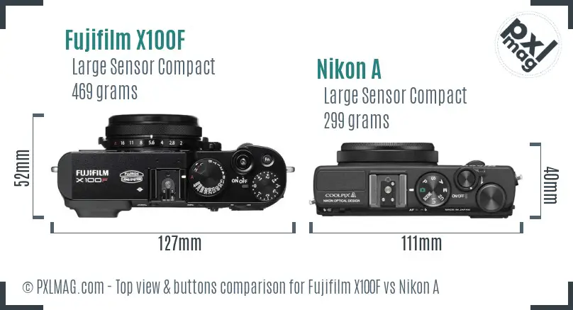 Fujifilm X100F vs Nikon A top view buttons comparison