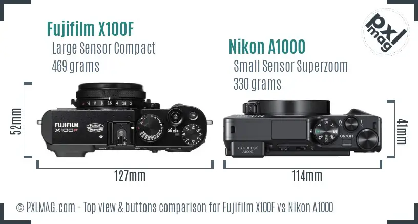 Fujifilm X100F vs Nikon A1000 top view buttons comparison