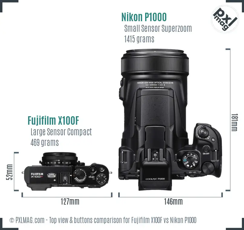 Fujifilm X100F vs Nikon P1000 top view buttons comparison
