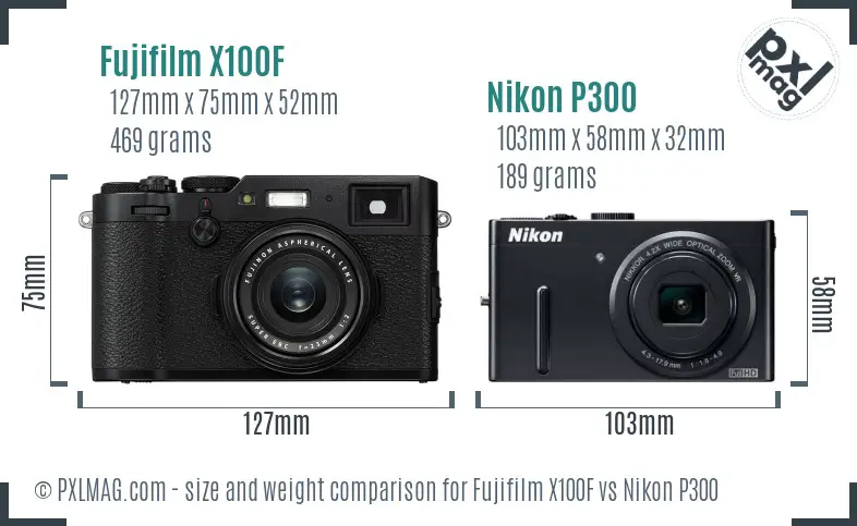 Fujifilm X100F vs Nikon P300 size comparison