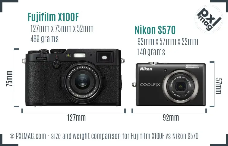 Fujifilm X100F vs Nikon S570 size comparison