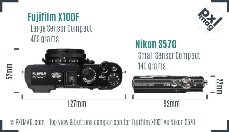 Fujifilm X100F vs Nikon S570 top view buttons comparison