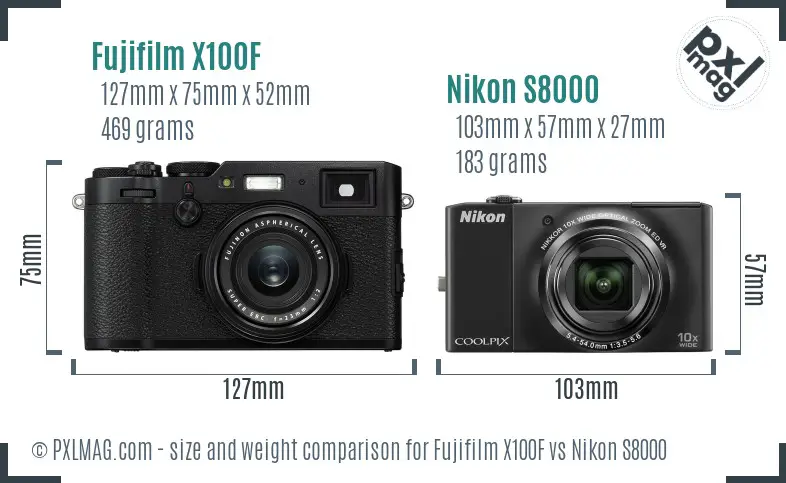 Fujifilm X100F vs Nikon S8000 size comparison